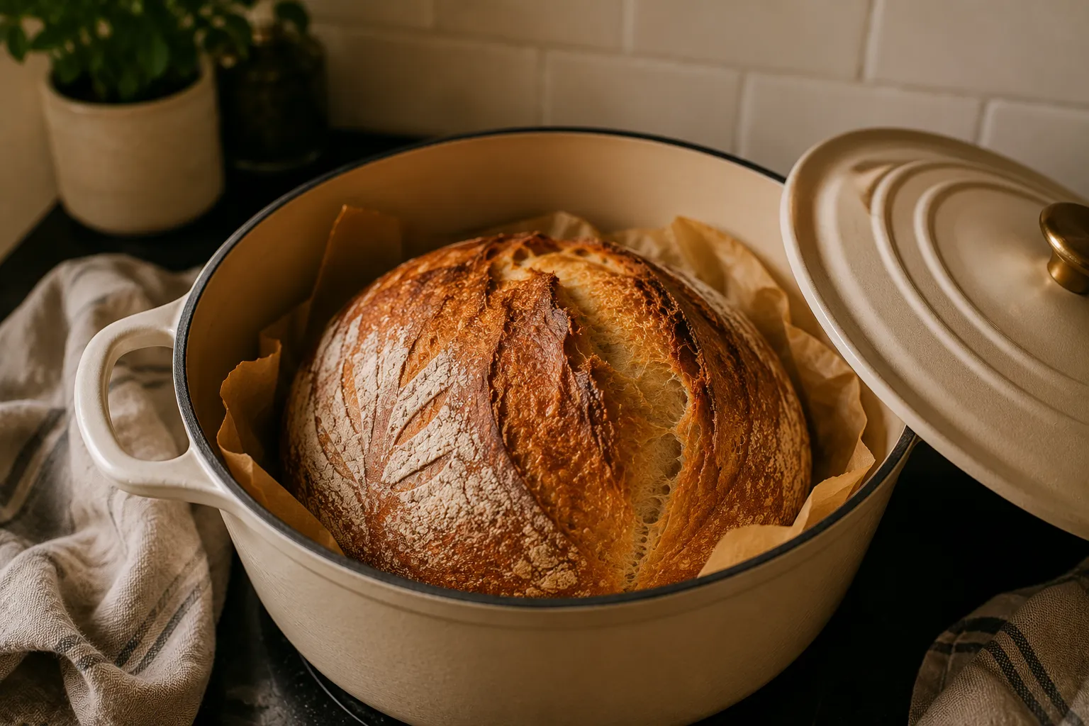 Frisch gebackenes Sauerteigbrot mit knuspriger Kruste im geöffneten Gusseisentopf