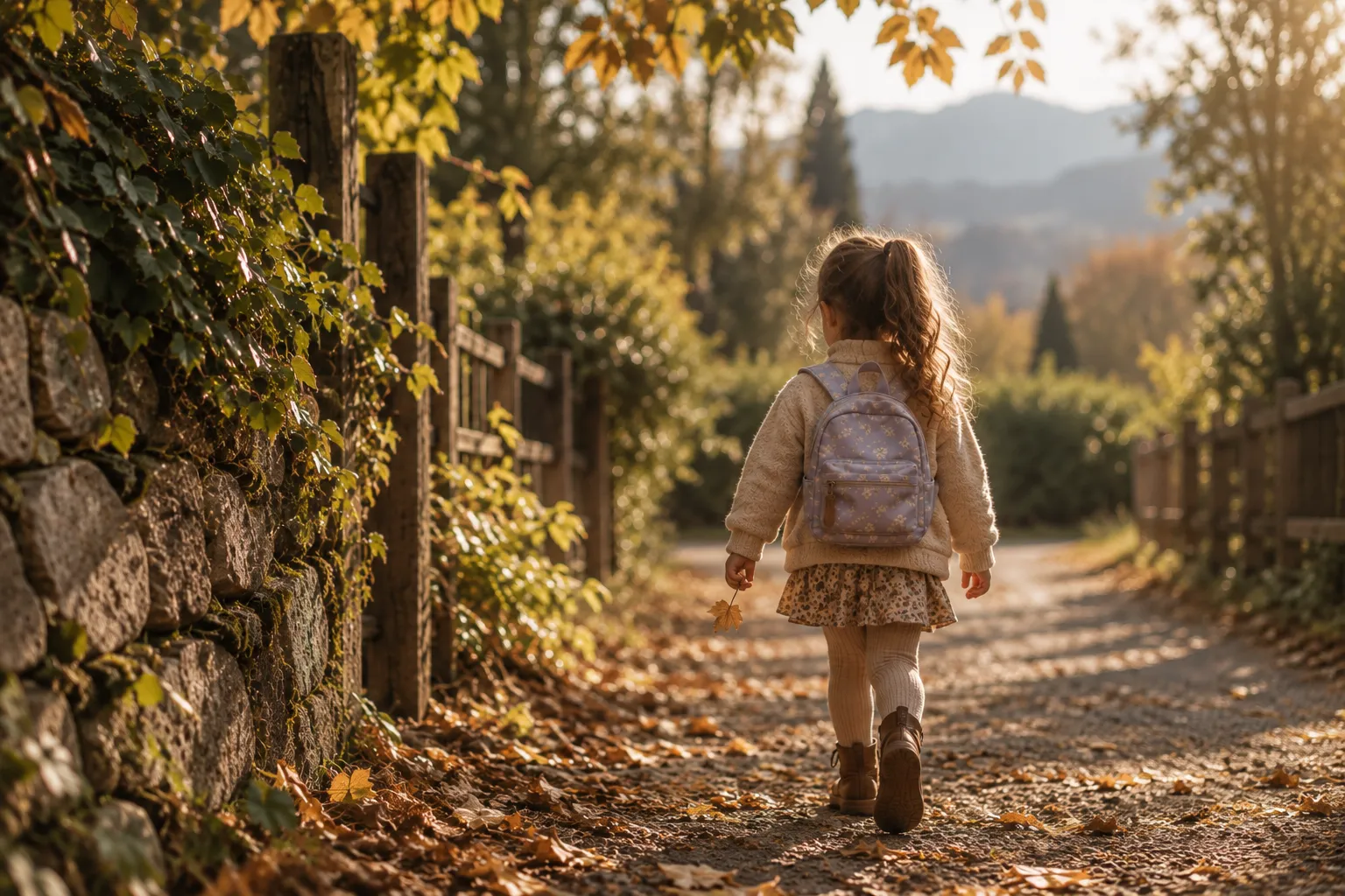 Daisy walking down a sunlit autumn path with her lavender backpack