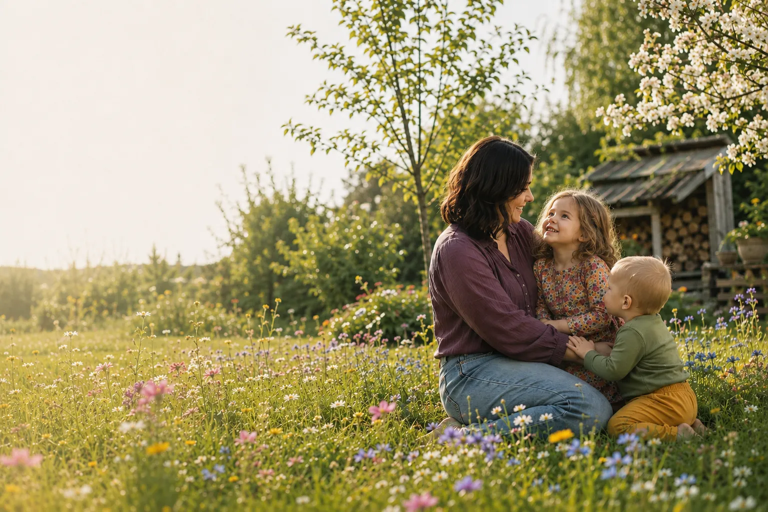 Mutter sitzt mit zwei Kindern in einer blühenden Gartenwiese