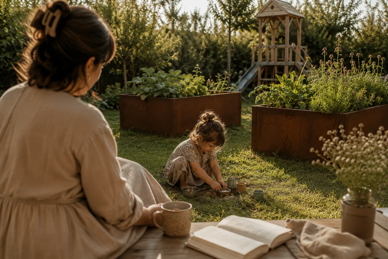 Ein Kind spielt draußen im Garten