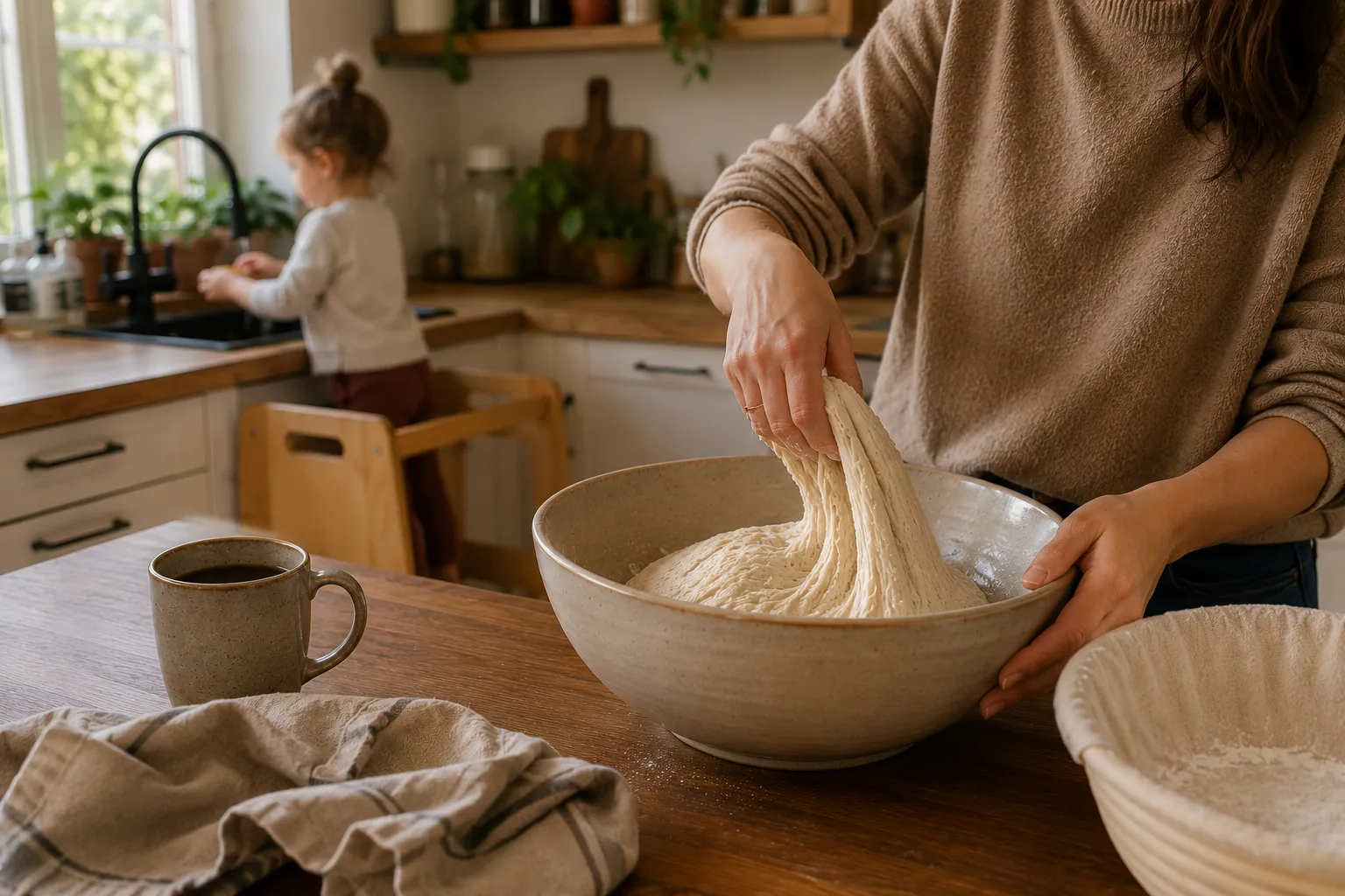 Mutter dehnt Brotteig in einer Schüssel, während ihr Kind in der Küche hilft