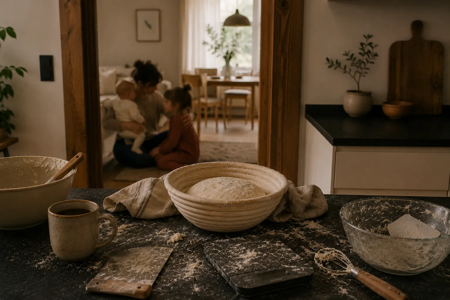 Brotteig im Gärkörbchen auf einer benutzten Arbeitsfläche, im Hintergrund eine Mutter mit ihren Kindern