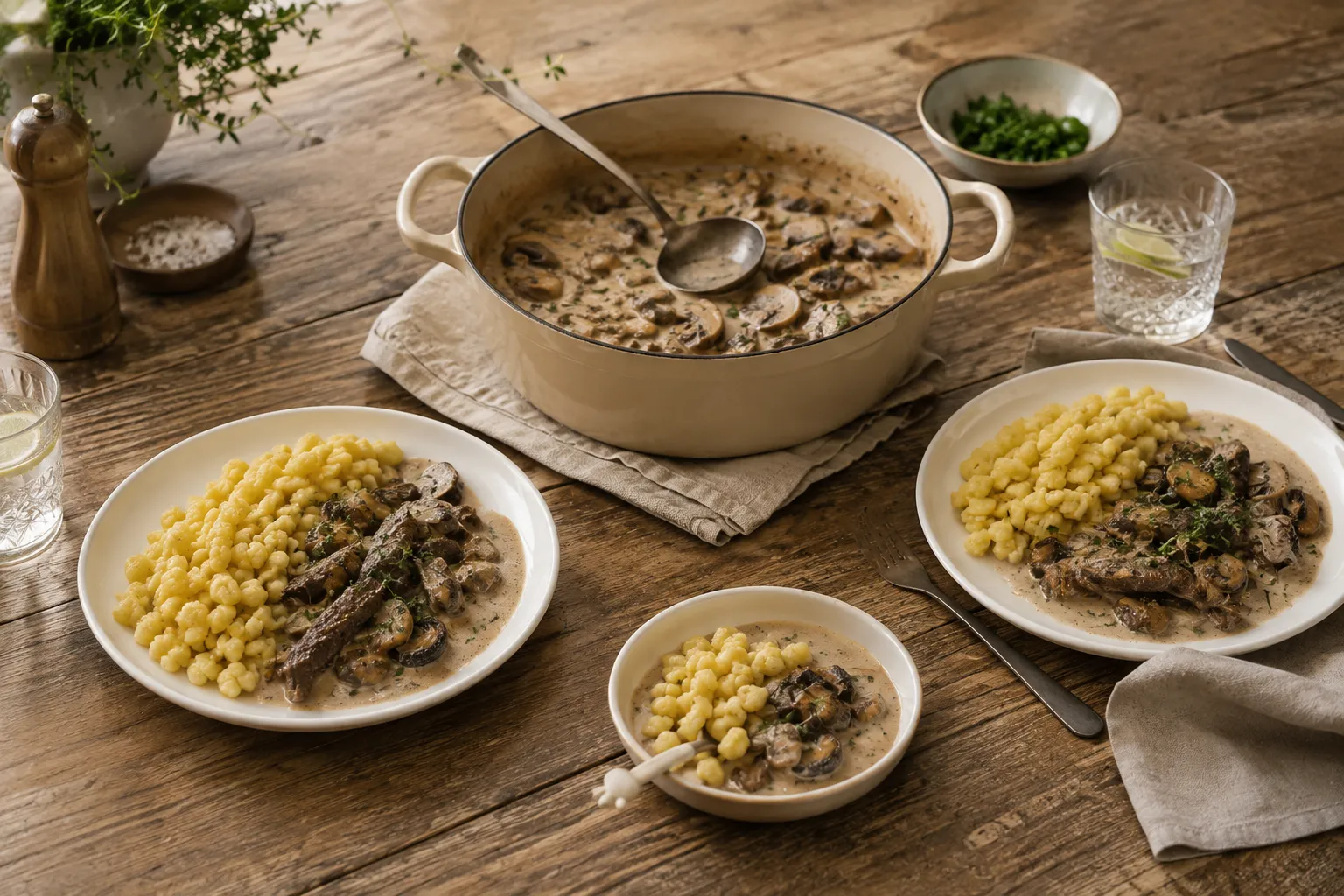 Boeuf Stroganoff wird am Familientisch serviert