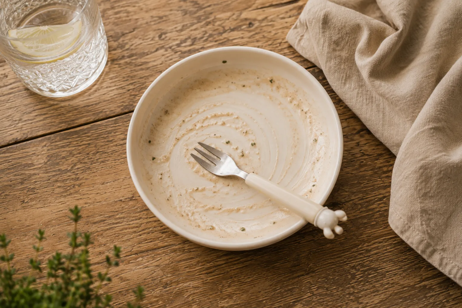 Fast leer gegessene Schüssel Boeuf Stroganoff