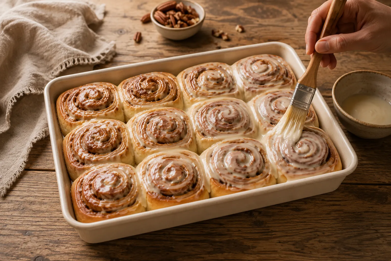 Frisch gebackene Zimtschnecken werden mit Vanillefrosting bestrichen