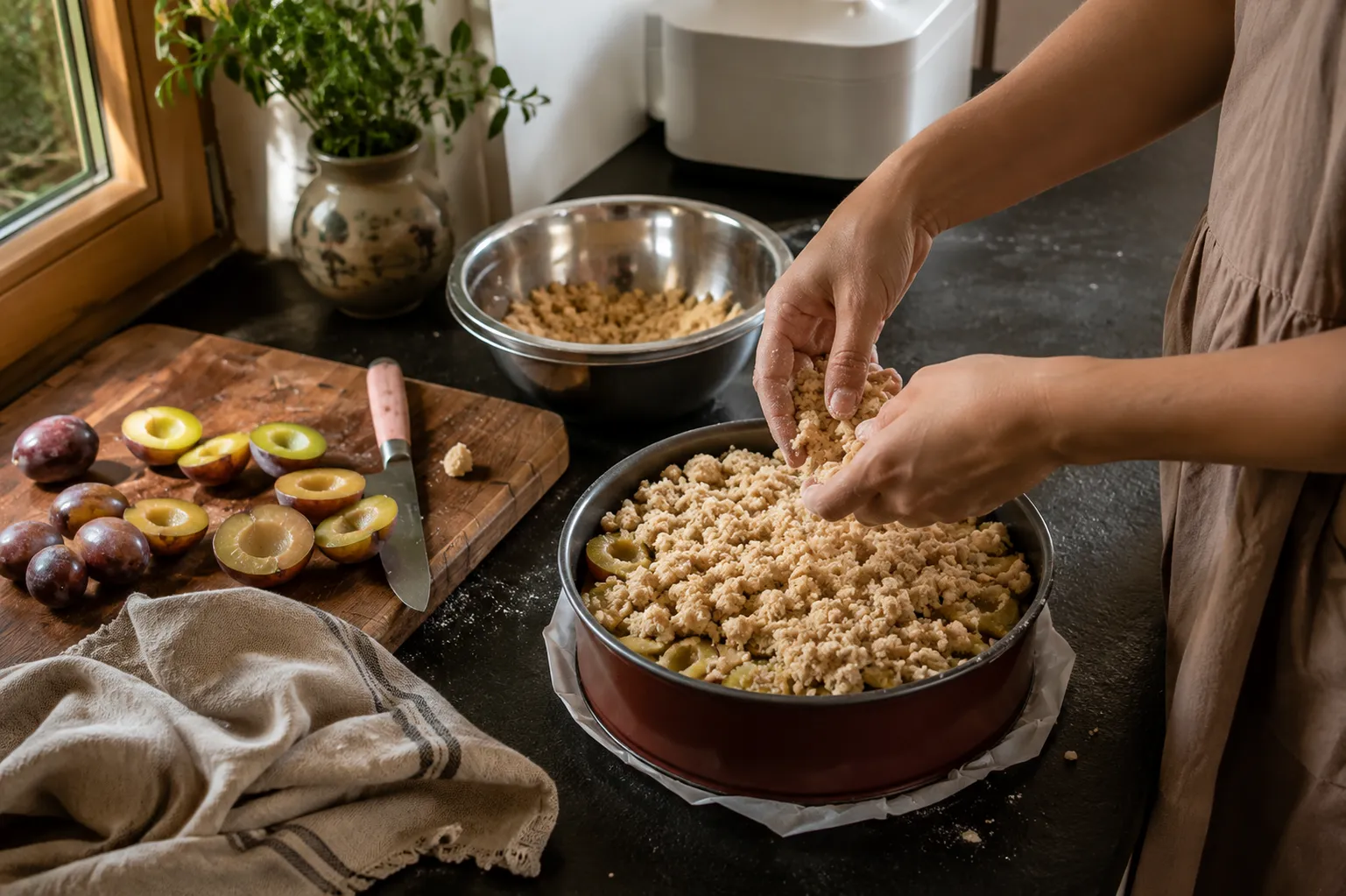 Streusel being scattered over Zwetschgen in a springform pan